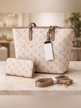 Beige Patterned Tote Bag with Matching Wallet and Strap